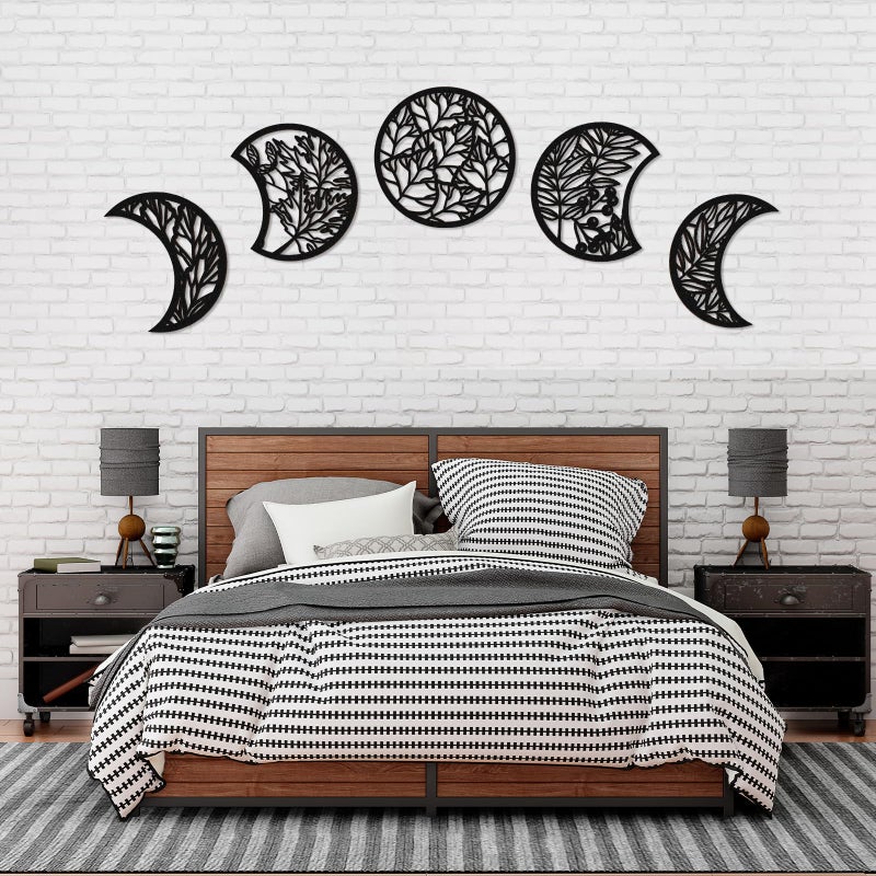 Jetec 5 Pcs Moon Phase Wall Art Decor Wall Pediments Hanging Wooden Phase Spiritual Bedroom Nordic Boho Lunar Aesthetic Art for Living Room Dorm Apartment OrnamentDark Black1575 InchBotanical - Image 2