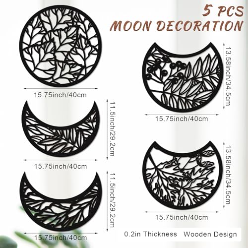Jetec 5 Pcs Moon Phase Wall Art Decor Wall Pediments Hanging Wooden Phase Spiritual Bedroom Nordic Boho Lunar Aesthetic Art for Living Room Dorm Apartment OrnamentDark Black1575 InchBotanical - Image 3