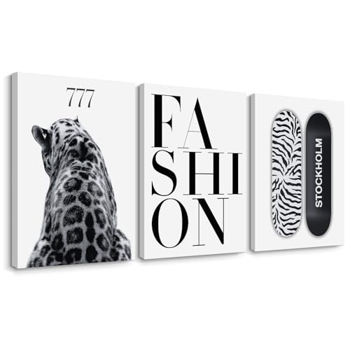 Youillne Trendy Leopard Wall Art Black White Cheetah Wall Decor Fashion Aesthetic Canvas Posters Preppy Stockholm Prints Stylish Cheetah Pictures Y2k Painting for Bedroom 16x24 Inch Framed Set of 3 - Image 1