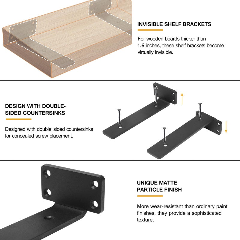 HITOMEN Heavy Duty Floating Shelf Brackets, 8-Inch (1/5'' Thick) Hidden Shelves Hardware, Iron L Brackets, Rustic Industrial Black Metal Wall Shelving Supports, 8 Pack - Image 4