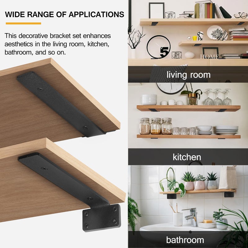 HITOMEN Heavy Duty Floating Shelf Brackets, 8-Inch (1/5'' Thick) Hidden Shelves Hardware, Iron L Brackets, Rustic Industrial Black Metal Wall Shelving Supports, 8 Pack - Image 5