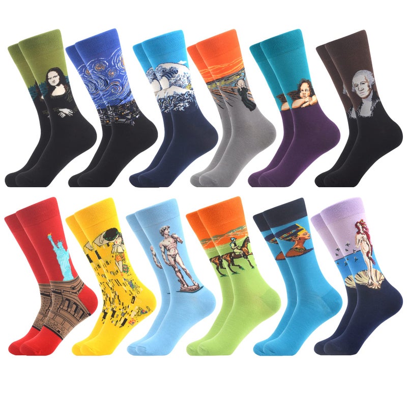 WeciBor Men's Colorful Funny Famous Art Cotton Crew Socks, 12 Pack Multicolor Oil Painting, Size 10-13 - Image 1