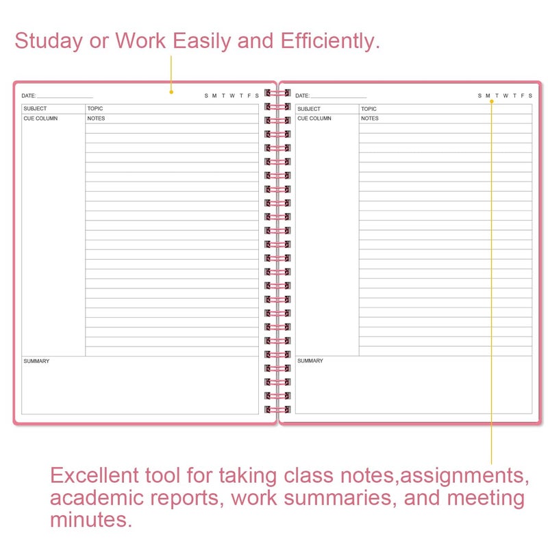 Yaridar A4 Cornell Notes Notebook - College Spiral Cornell Notebooks for Note Taking, Subject Ruled Steno Pads for Office/School/College/Home, 8.5" x 11", Pink - Image 3