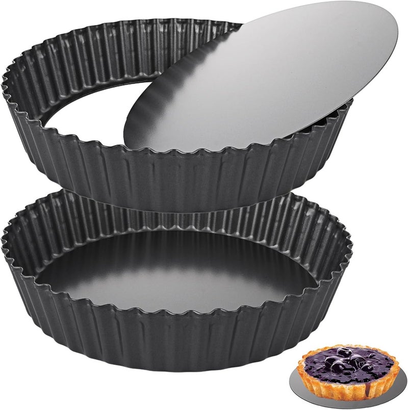 LOLYSIC 2 Pack Deep Quiche Tins with Loose Bottom, 26cm 10 Inch Non Stick Tart Tin Fluted Flan Tin with Loose Base, Carbon Steel 5.5cm Deep Pie Tin Quiche Dishes for Baking, Black - Image 1