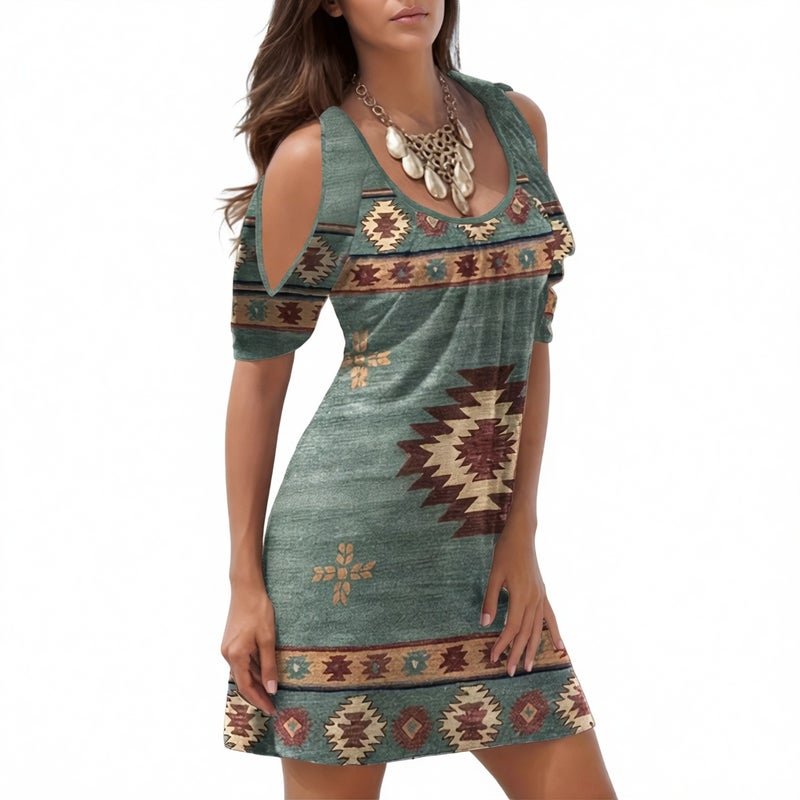 Bohemian Off-Shoulder Dress Women Summer Casual Ethnic Geometric Print Short Sleeve - Image 1