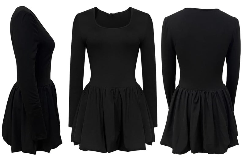 Vakkest Women's Square Neck Mini Bubble Dress Long Sleeve Cute Elegant Patchwork Cocktail Party Y2k Clubwear Dresses Black - Image 5