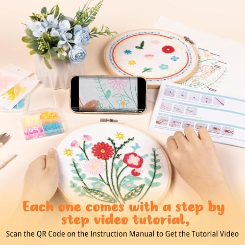 HTVRONT Bead Embroidery Kit for Beginners 3 Sets Bling Bling Bead Embroidery Kit with Step by Step Stitch Video & Instructions, Three-Dimensional Starter Embroidery Set with 19 Stitches for Gift - Image 2