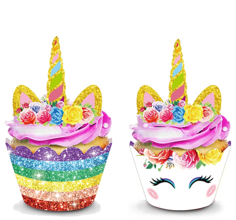 64pcs Unicorn Cupcake Toppers and Wrappers Double Sided for Kids Birthday Baby Shower Theme Party Decorations Supplies Set of 32