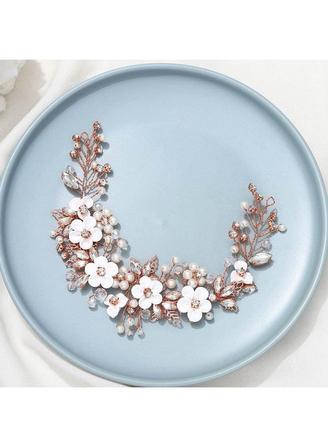 GORAIS Flower Bride Wedding Hair Vine Crystal Bridal Headpieces Pearl Hair Accessories For Women And Girls (C-Rose Gold) - Image 2
