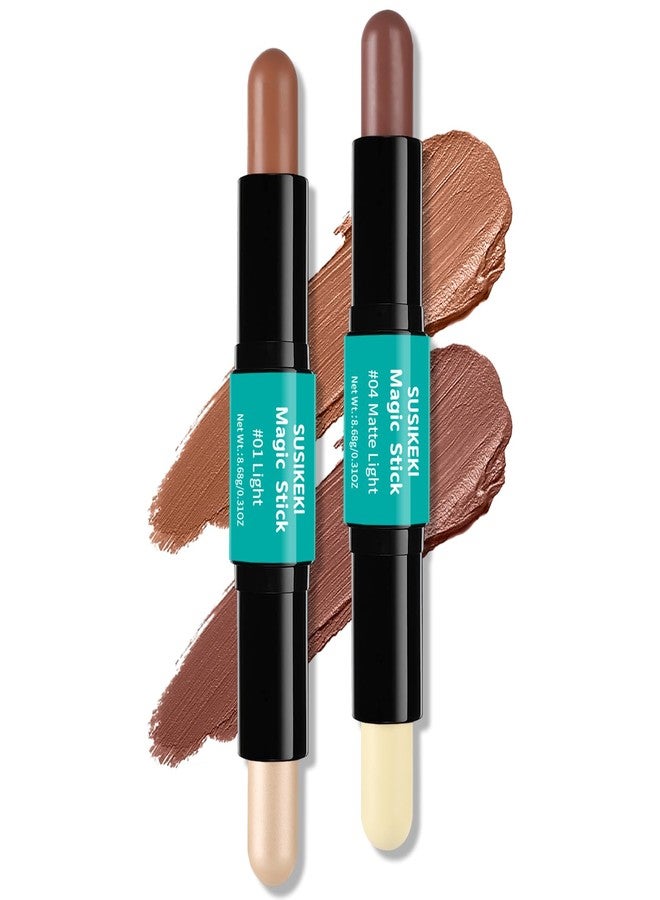 SUSIKEKI Contour Stick, 2Pcs Dual-Ended Highlighter Makeup Pen & Contouring Stick for Face Shaping, Long Lasting Waterproof Cream Bronzer & Highlight Sticks Make Up Kit for All Skin Tones (01# + 04#) - Image 1