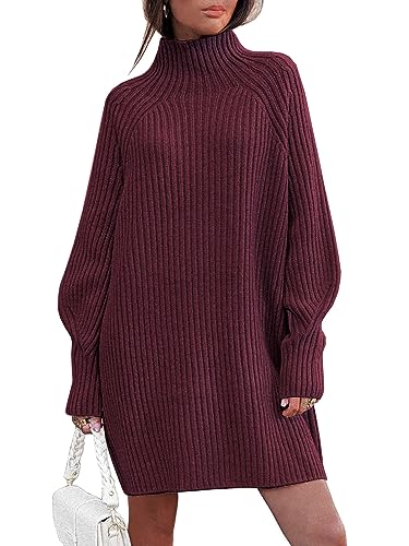 LILLUSORY Sweater Dresses for Women 2026 Fall Fashion Mock Neck Long Lantern Sleeve Oversized Outfits Knit Tops Clothes WineRed M - Image 1