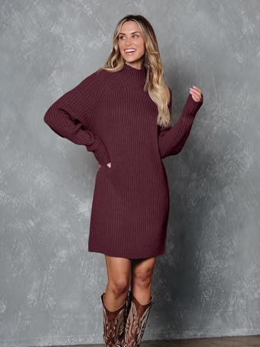 LILLUSORY Sweater Dresses for Women 2026 Fall Fashion Mock Neck Long Lantern Sleeve Oversized Outfits Knit Tops Clothes WineRed M - Image 2