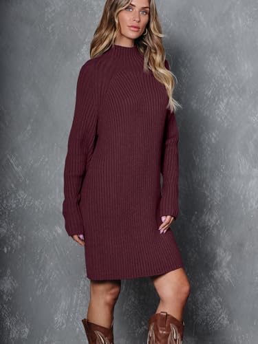LILLUSORY Sweater Dresses for Women 2026 Fall Fashion Mock Neck Long Lantern Sleeve Oversized Outfits Knit Tops Clothes WineRed M - Image 4