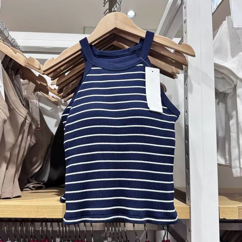 Women's Striped Racerback Tank Top with Built-in Bra - Image 2