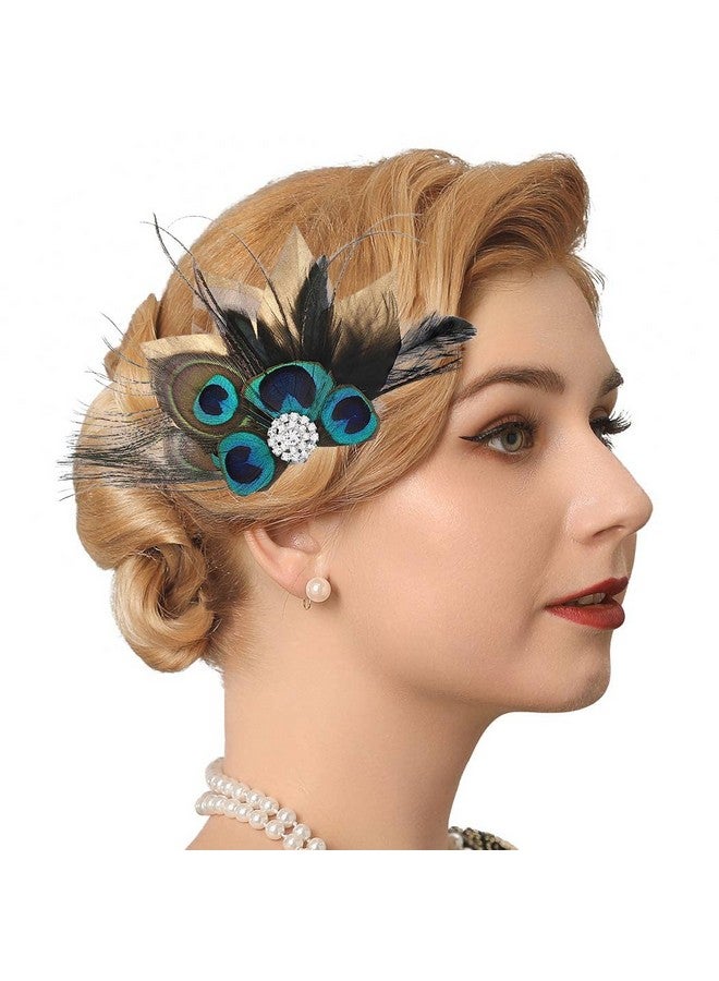 GENBREE Peacock Feather Hair Clip Crystal Gatsby Headpiece Cocktail Hair Accessories For Women And Girls (Pattern 1)  - Image 1