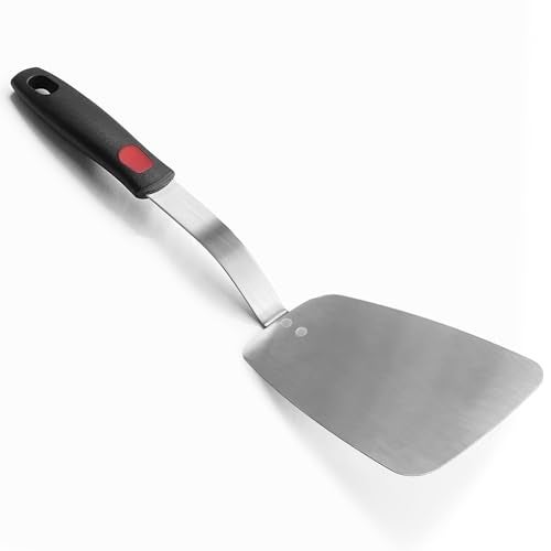 XiaoZu Stainless Steel Flexible Spatula Solid Turner, XiaoZu Thin Metal Spatula for Cast Iron Skillet, Thin Blade and Heat Resistant Silicone Handle, Great for Egg, Cookie, Meat, Crep, Large - Image 1