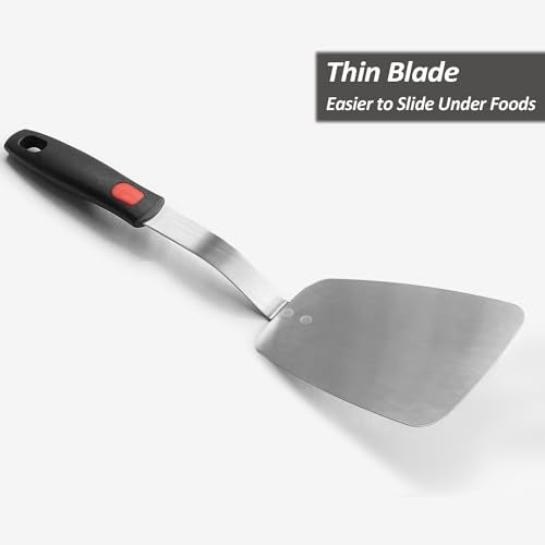 XiaoZu Stainless Steel Flexible Spatula Solid Turner, XiaoZu Thin Metal Spatula for Cast Iron Skillet, Thin Blade and Heat Resistant Silicone Handle, Great for Egg, Cookie, Meat, Crep, Large - Image 2