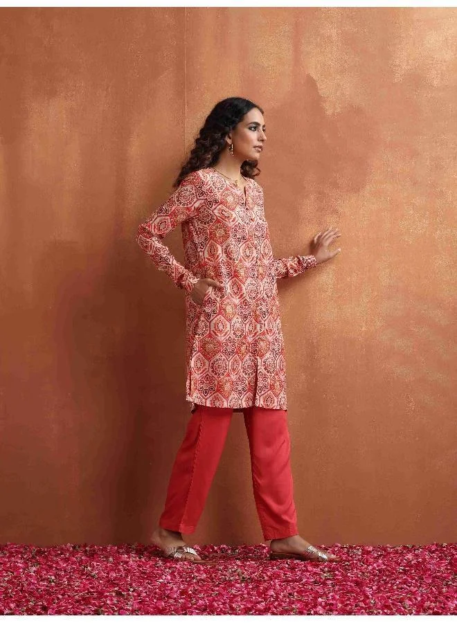 trueBrowns Beige Print Kurta Co-ord Set