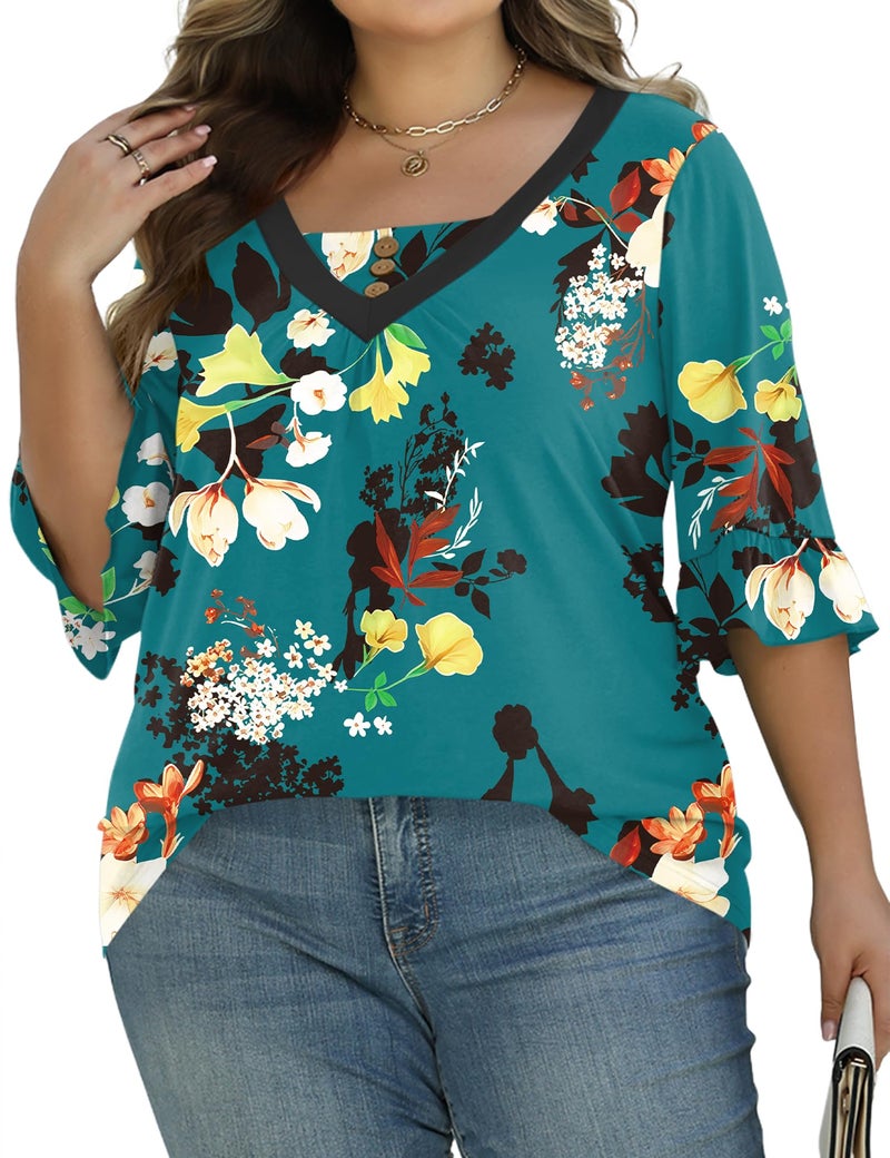 TFSDOD Plus Size Printed Tshirts for Women 3/4 Length Sleeve Womens Tops Floral Business Casual Summer Outfits 3XL - Image 4