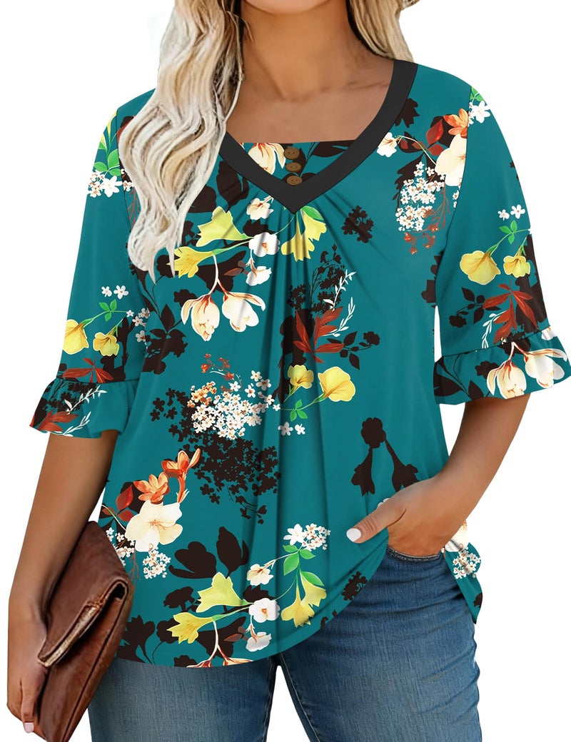 TFSDOD Plus Size Printed Tshirts for Women 3/4 Length Sleeve Womens Tops Floral Business Casual Summer Outfits 3XL - Image 2