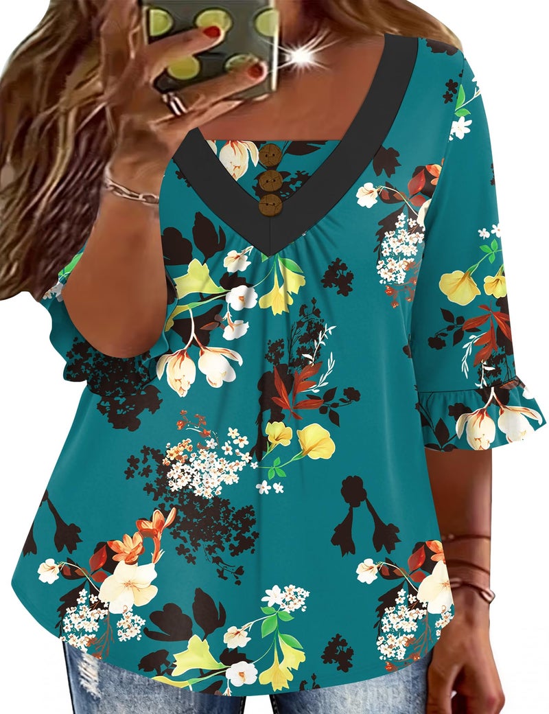 TFSDOD Plus Size Printed Tshirts for Women 3/4 Length Sleeve Womens Tops Floral Business Casual Summer Outfits 3XL - Image 1