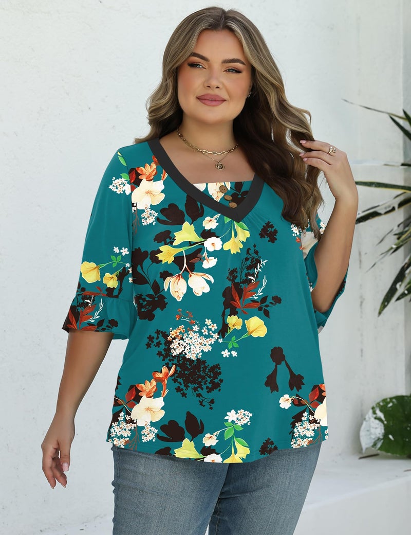 TFSDOD Plus Size Printed Tshirts for Women 3/4 Length Sleeve Womens Tops Floral Business Casual Summer Outfits 3XL - Image 3