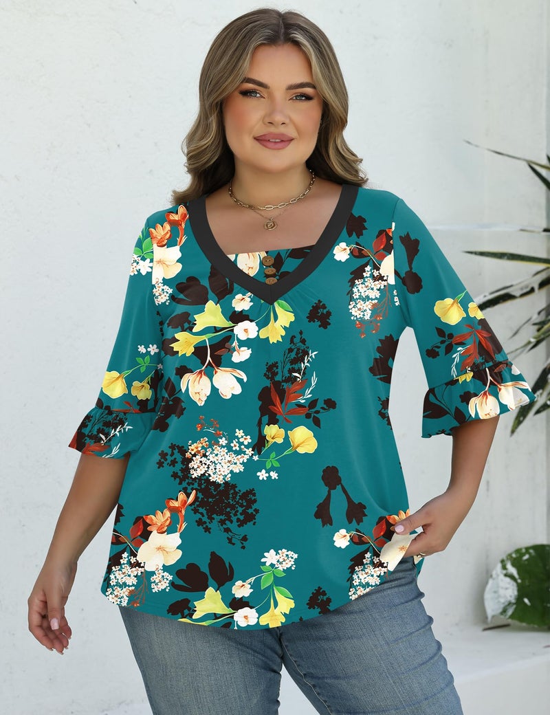 TFSDOD Plus Size Printed Tshirts for Women 3/4 Length Sleeve Womens Tops Floral Business Casual Summer Outfits 3XL - Image 5