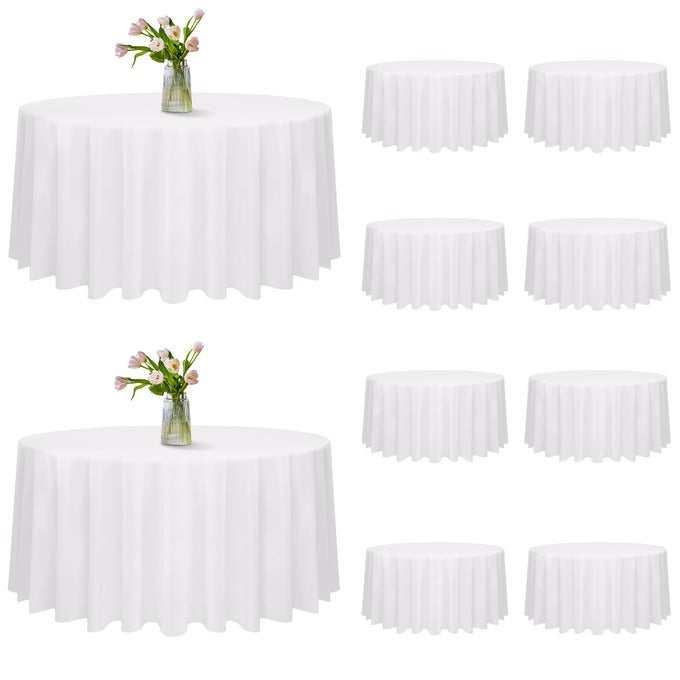 10 PACK 120 INCH ROUND TABLECLOTH STAIN AND WRINKLE RESISTANT POLYESTER WHITE TABLE CLOTH WASHABLE DECORATIVE ROUND TABLE COVER FOR DINING BUFFET PARTIES WEDDING