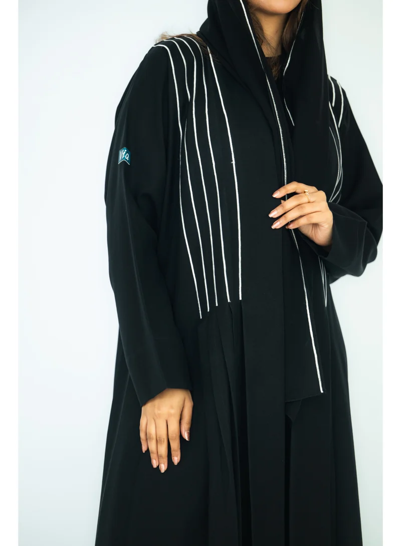 via abaya Black linen abaya with white embroidery