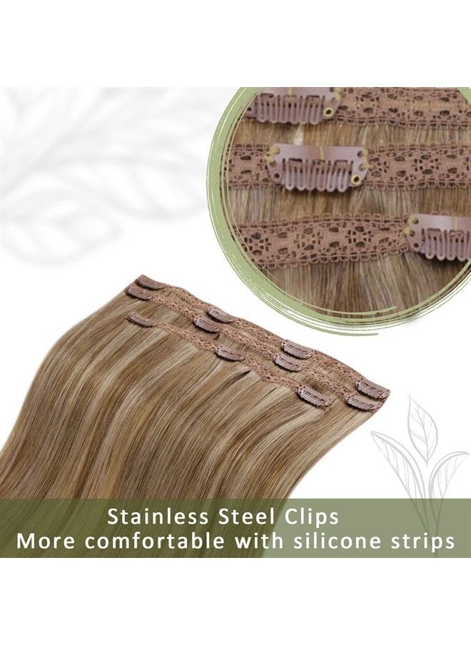 RUNATURE Clip in Hair Extensions Human Hair for Women Honey Blonde Highlight Dark Blonde Clip in Human Hair Silky Straight Clip in Hair Extensions 14 Inch 50g 3pcs  - Image 2