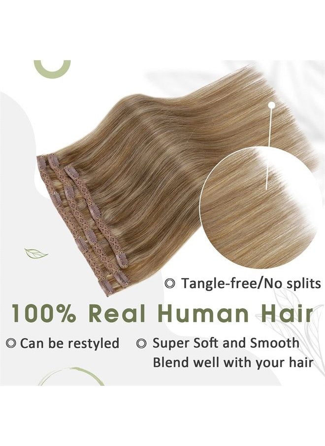 RUNATURE Clip in Hair Extensions Human Hair for Women Honey Blonde Highlight Dark Blonde Clip in Human Hair Silky Straight Clip in Hair Extensions 14 Inch 50g 3pcs  - Image 1