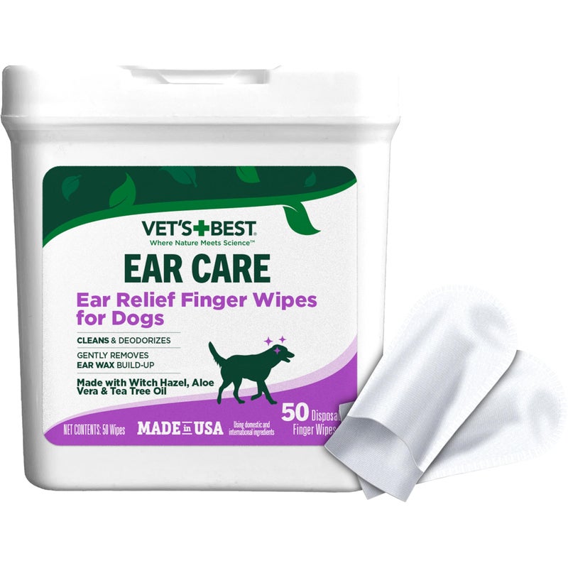 Vet's Best Ear Relief Finger Wipes, Ear Cleansing Finger Wipes for Dogs, Sooths & Deodorizes, 50 Disposable Dog Wipes - Image 1