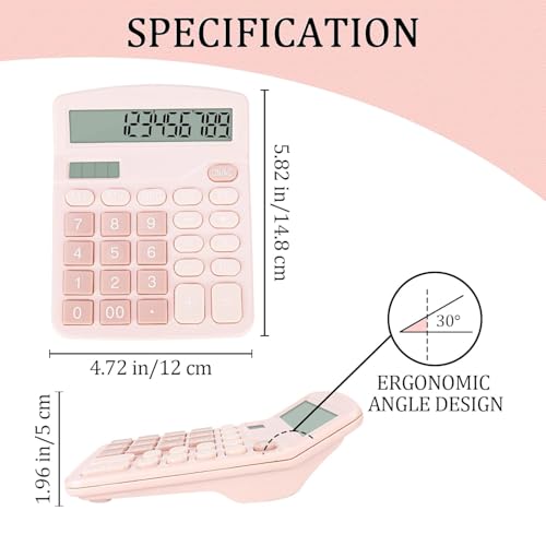 Jukusa 12-Digit Dual Power Desktop Calculator with Large LCD Display, Big Easy Press Buttons, Solar & Battery Operated, Portable Office & School Basic Calculator for Kids and Parents (Pink) - Image 4