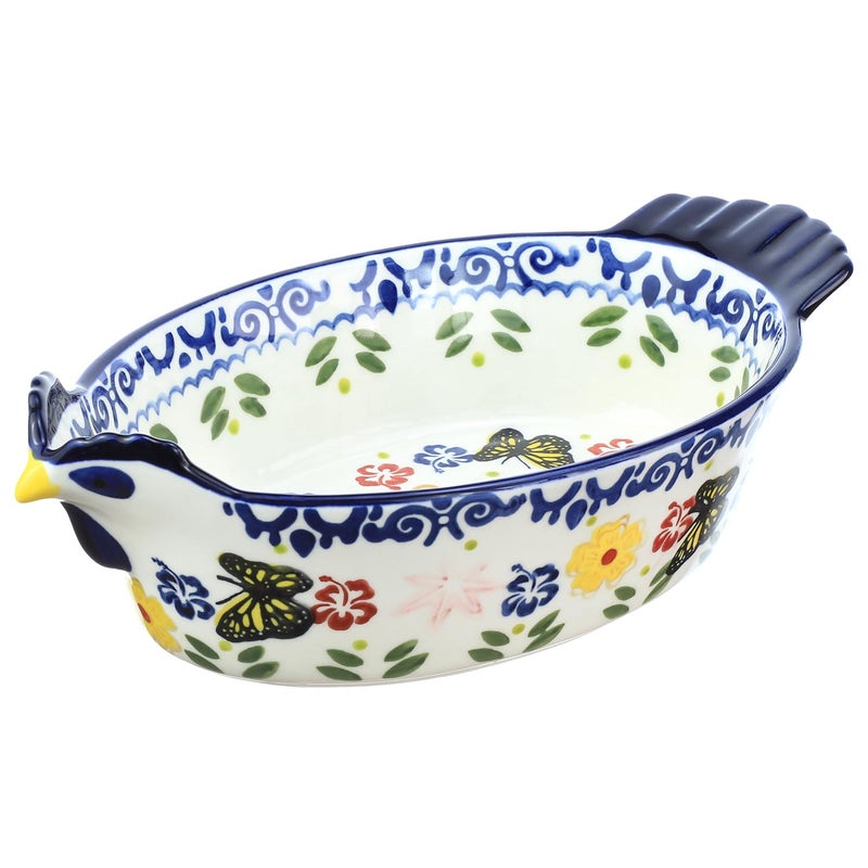 Bicuzat Vintage Butterfly and Flower Pattern Pie Pan, Chicken Shape Ceramic Bakeware Casserole Dish Baking Pan Bakers Lasagna Pans Soup Bowl Baking Dish for Oven to Table-Blue-25 OZ - Image 1