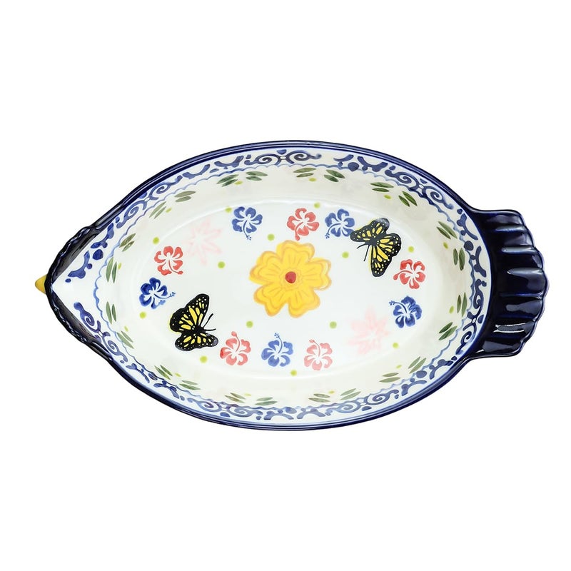 Bicuzat Vintage Butterfly and Flower Pattern Pie Pan, Chicken Shape Ceramic Bakeware Casserole Dish Baking Pan Bakers Lasagna Pans Soup Bowl Baking Dish for Oven to Table-Blue-25 OZ - Image 3