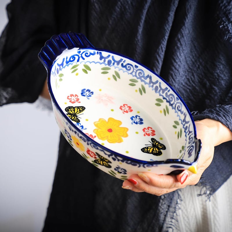 Bicuzat Vintage Butterfly and Flower Pattern Pie Pan, Chicken Shape Ceramic Bakeware Casserole Dish Baking Pan Bakers Lasagna Pans Soup Bowl Baking Dish for Oven to Table-Blue-25 OZ - Image 4
