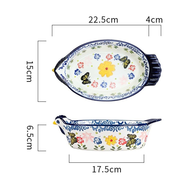 Bicuzat Vintage Butterfly and Flower Pattern Pie Pan, Chicken Shape Ceramic Bakeware Casserole Dish Baking Pan Bakers Lasagna Pans Soup Bowl Baking Dish for Oven to Table-Blue-25 OZ - Image 2