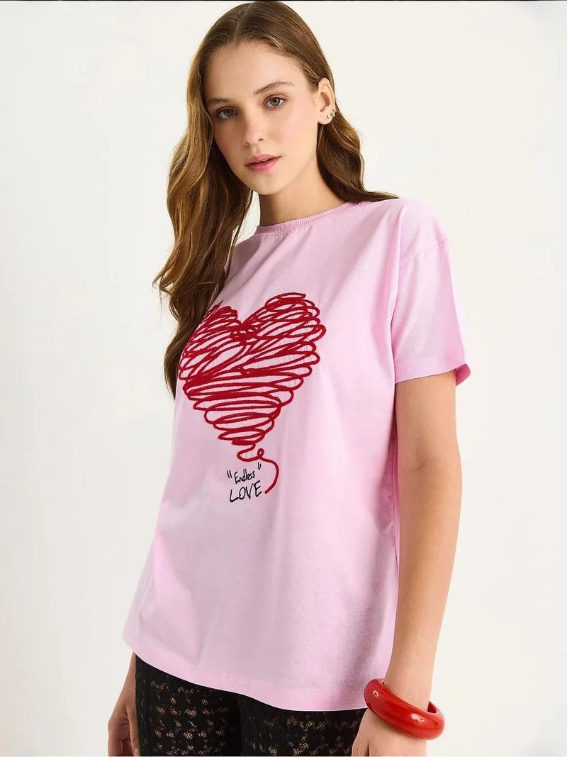 Bianco Lucci Carnation Pink LUCCI Embroidered Crew Neck T-Shirt for Women | Best Price UAE