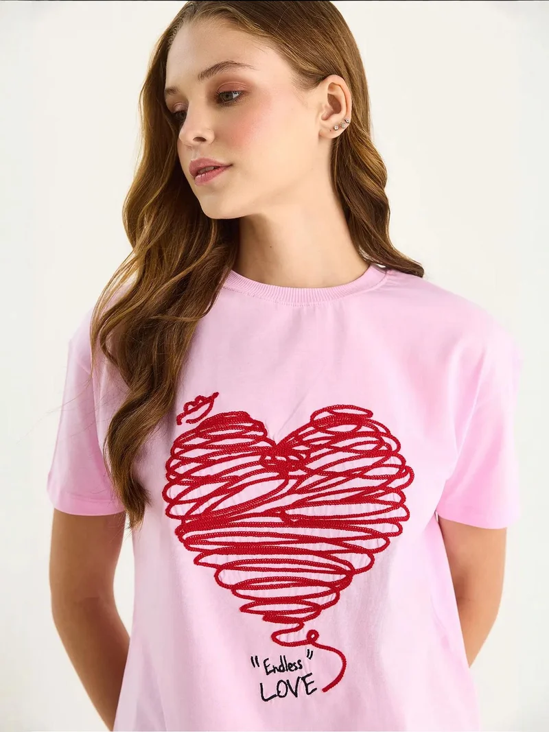 Bianco Lucci Carnation Pink LUCCI Embroidered Crew Neck T-Shirt for Women | Best Price UAE