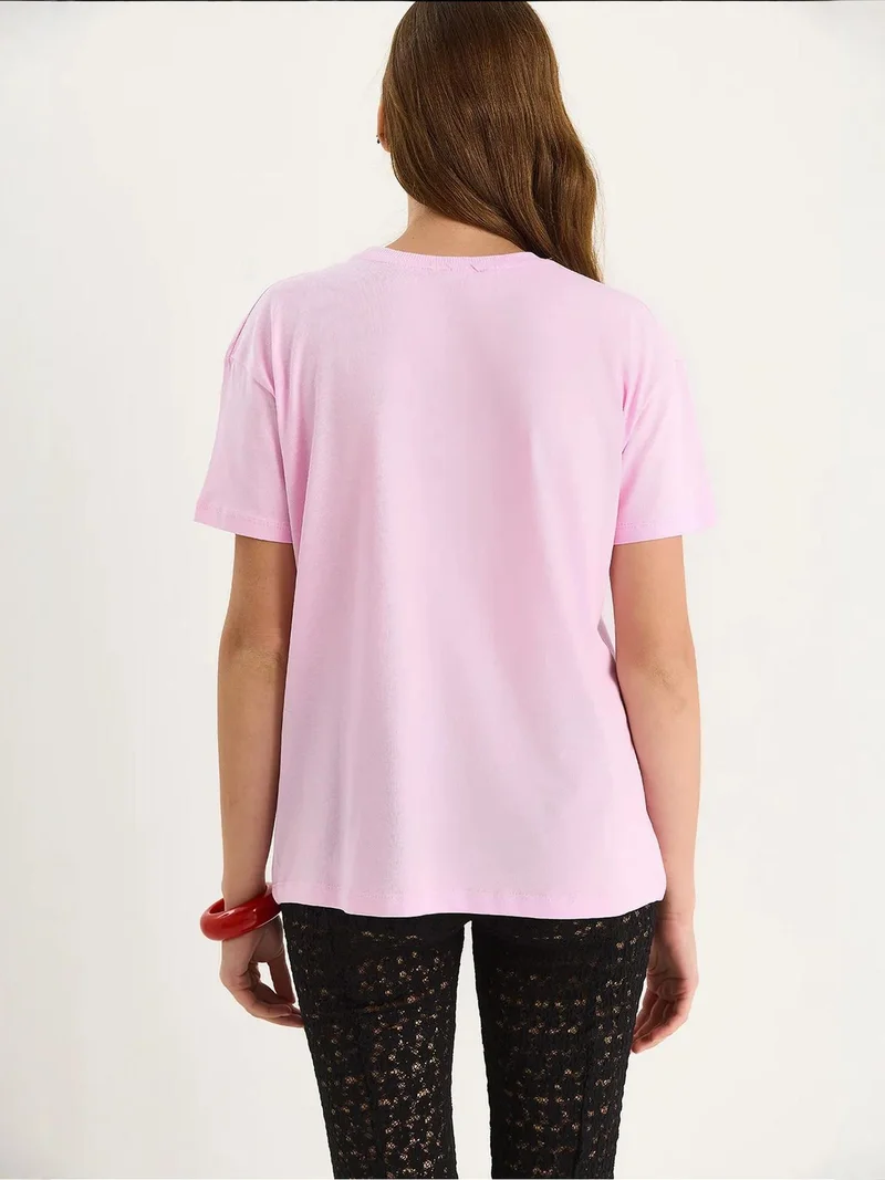 Bianco Lucci Carnation Pink LUCCI Embroidered Crew Neck T-Shirt for Women | Best Price UAE
