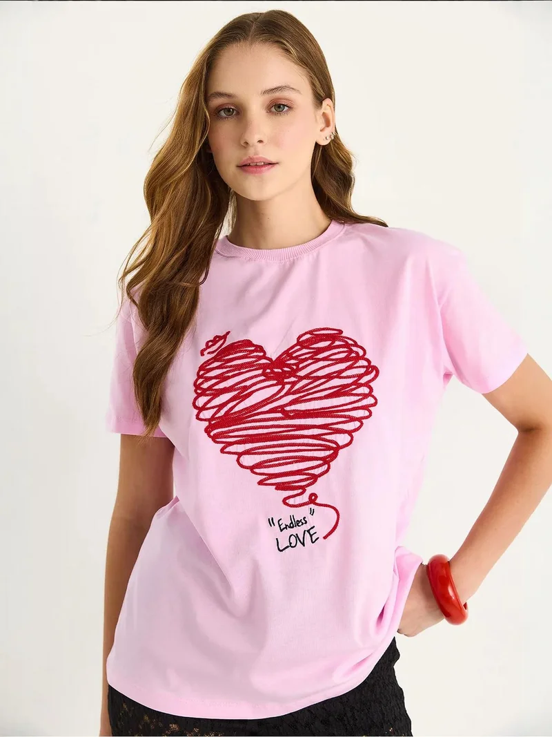 Bianco Lucci Carnation Pink LUCCI Embroidered Crew Neck T-Shirt for Women | Best Price UAE