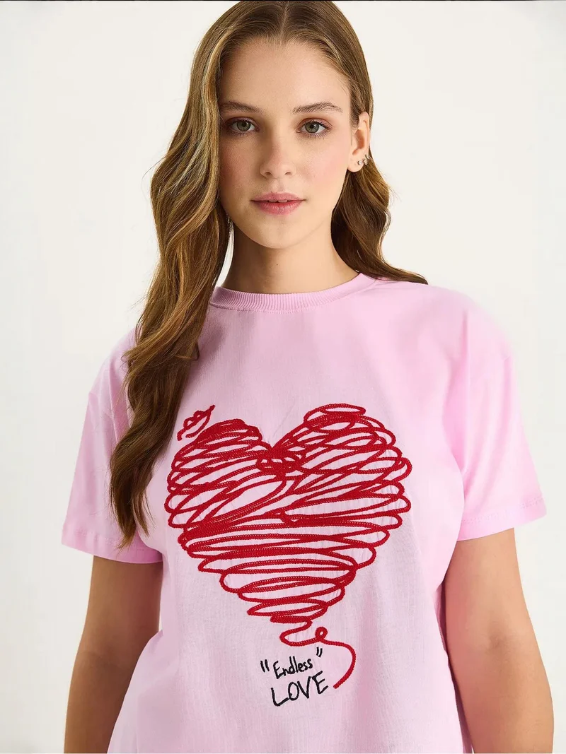 Bianco Lucci Carnation Pink LUCCI Embroidered Crew Neck T-Shirt for Women | Best Price UAE