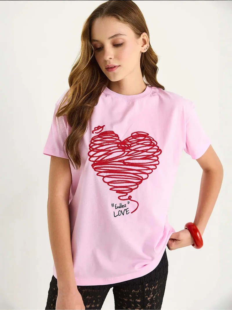 Bianco Lucci Carnation Pink LUCCI Embroidered Crew Neck T-Shirt for Women | Best Price UAE