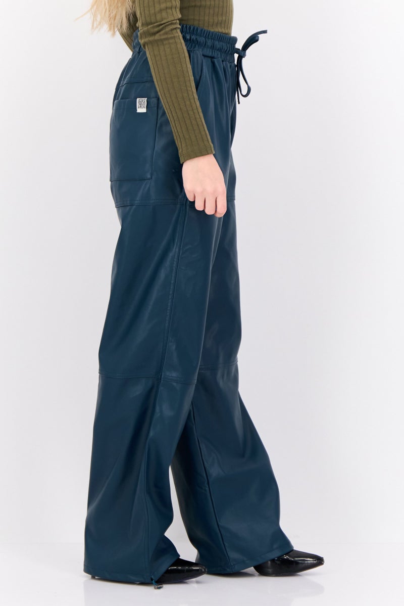 The Giving Movement Women Regular Fit Plain Leather Jogger Pants, Teal Blue  - Image 4