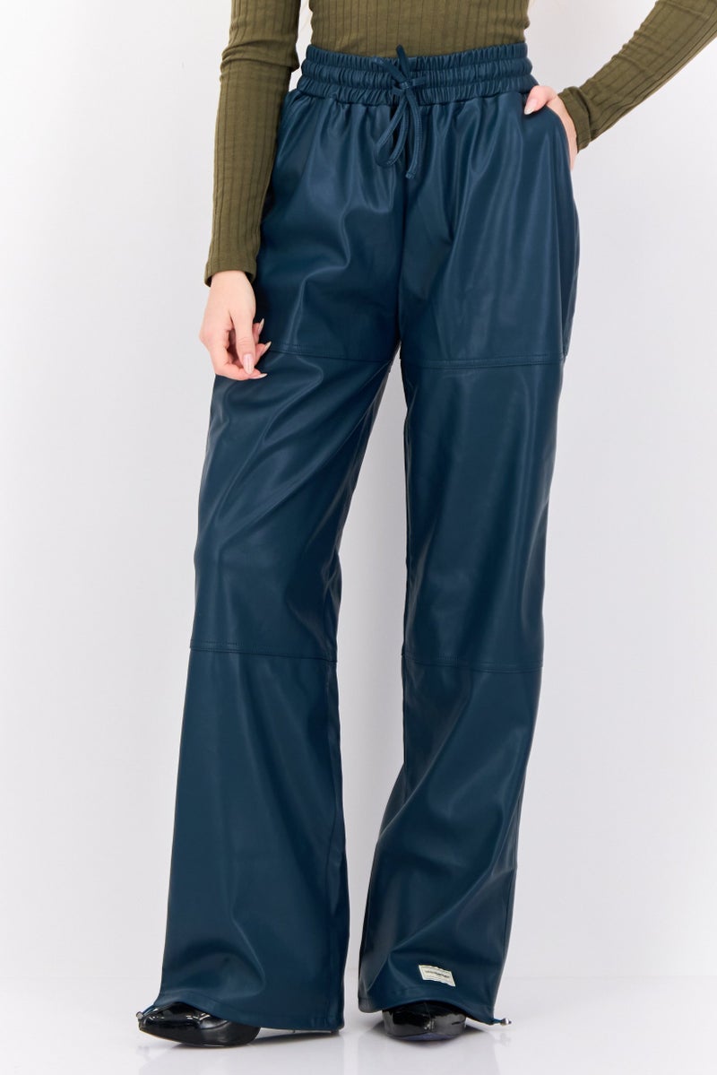 The Giving Movement Women Regular Fit Plain Leather Jogger Pants, Teal Blue  - Image 1