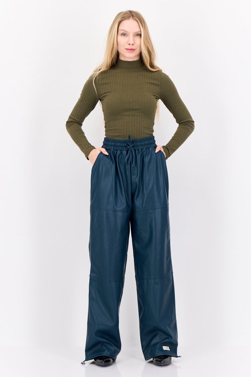 The Giving Movement Women Regular Fit Plain Leather Jogger Pants, Teal Blue  - Image 2