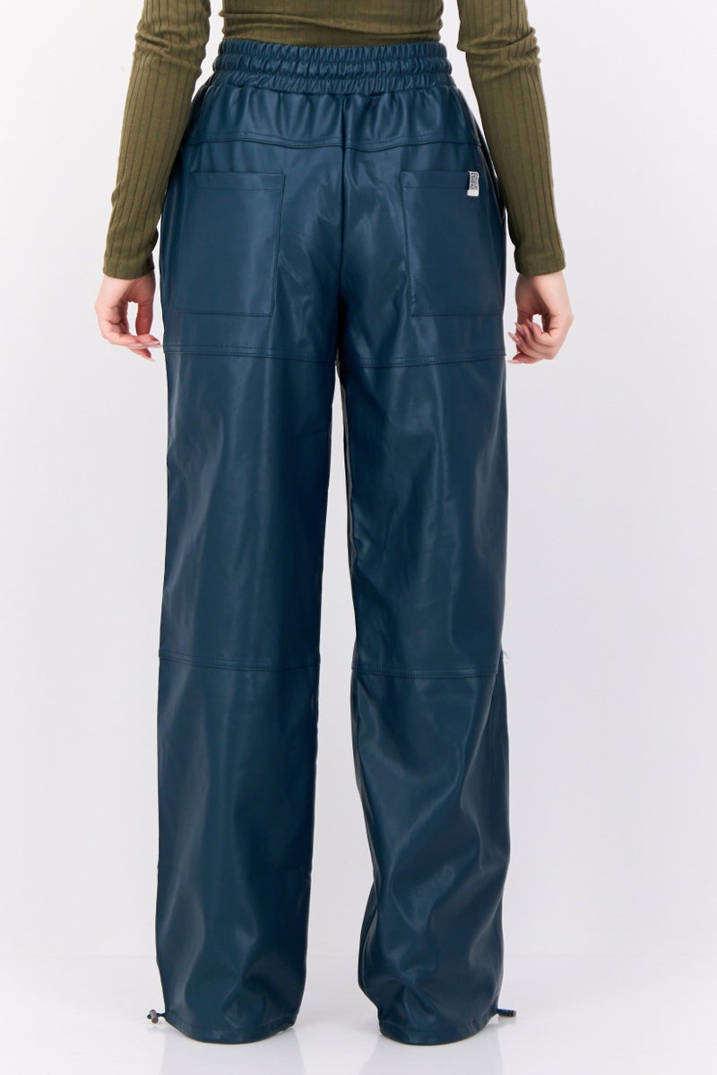 The Giving Movement Women Regular Fit Plain Leather Jogger Pants, Teal Blue  - Image 3