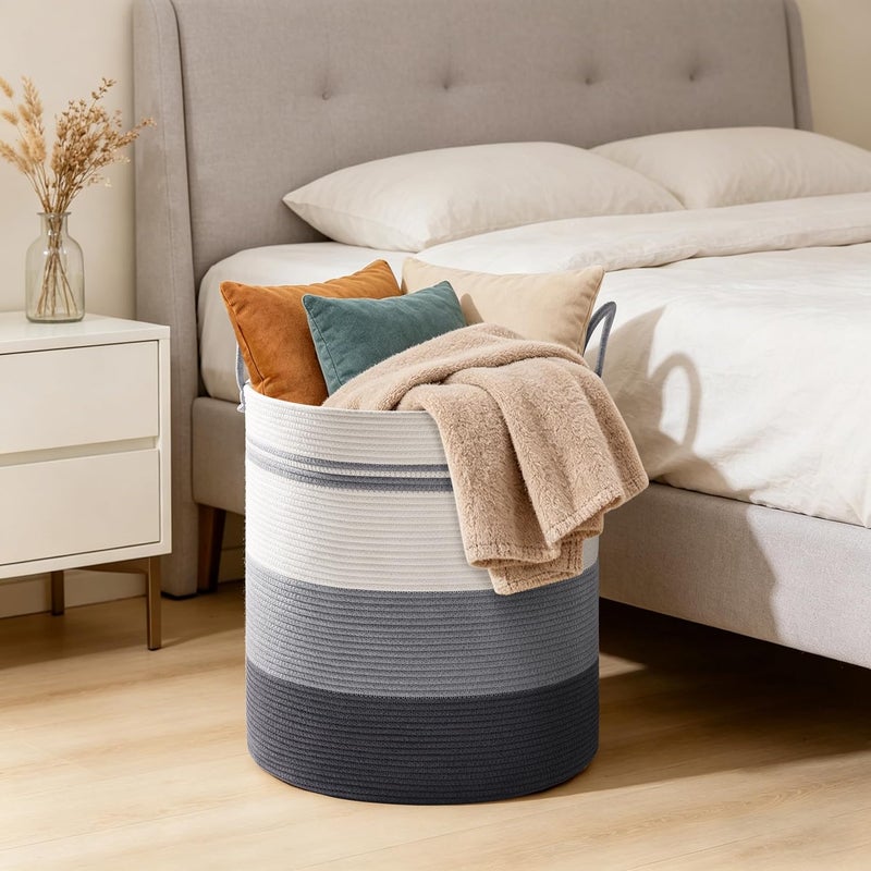 SunNewt Tall Laundry Basket with Handles, 72L Portable Dirty Clothes Hamper, Boho Cotton Rope Storage Bin for Blankets Kids Toys Gifts, Large Organizer for Baby Nursery Bedroom Bathroom, Grey Striped - Image 5