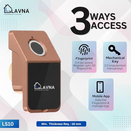 LAVNA Digital Cabinet Lock | 3 Way Access | Biometric - 360° Fingerprint, Mobile App, Key Access Suitable for Drawer, cabinets, waredrobe | Fully Metal Built up Lock (Black) - Image 2
