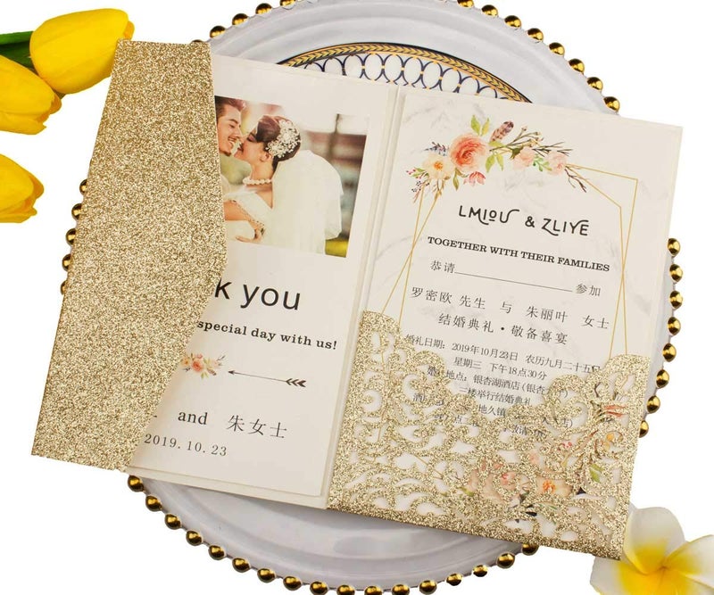 Lucky Star 25 set 5"x7.28" Light Gold Glitter Vine Tri Fold Pocketfold Wedding Invitations Cards Laser Cut Hollow Carving Greeting invites pockets with envelopes RSVP cards inserts (Light gold glitter) - Image 1